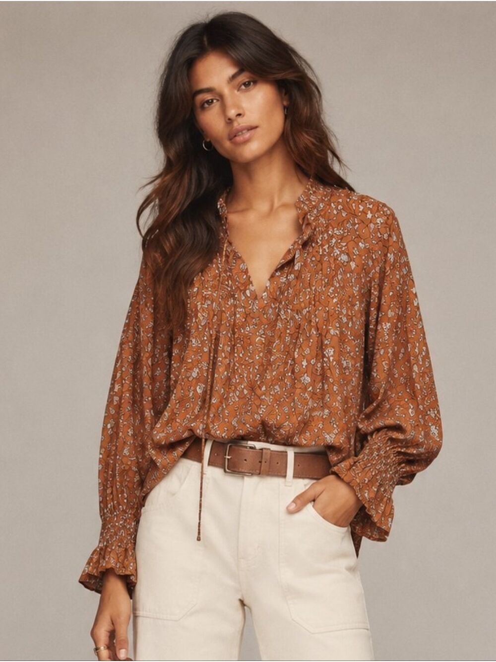 HT BOHO FLORAL PEASANT BLOUSE TOP LARGE PINTUCK RUFFLE SMOKED SLEEVE